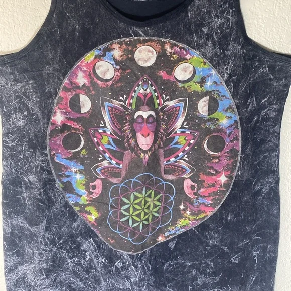 WearRaw Black Acid Washed RacerBack Tunic With Moonphase and Yoga Baboon Size XL - Picture 2 of 9